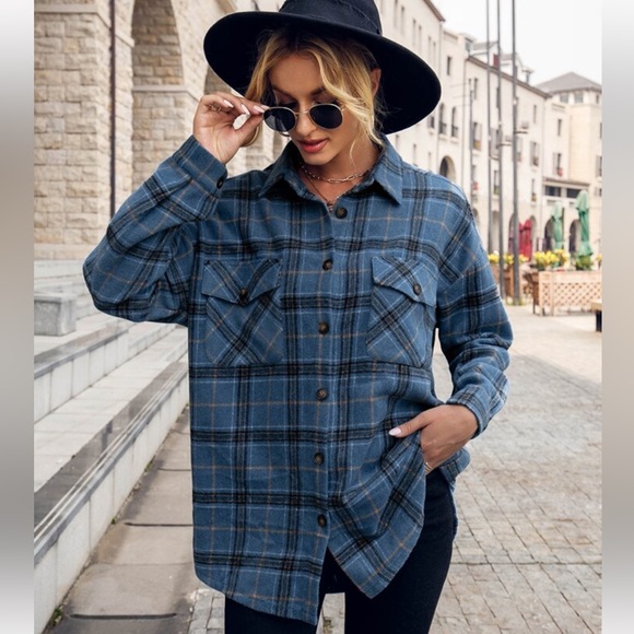 Boohoo Lapel Button Up Plaid Shirts Long Sleeve Pocketed Shacket Casual Top Sz S - Picture 11 of 14